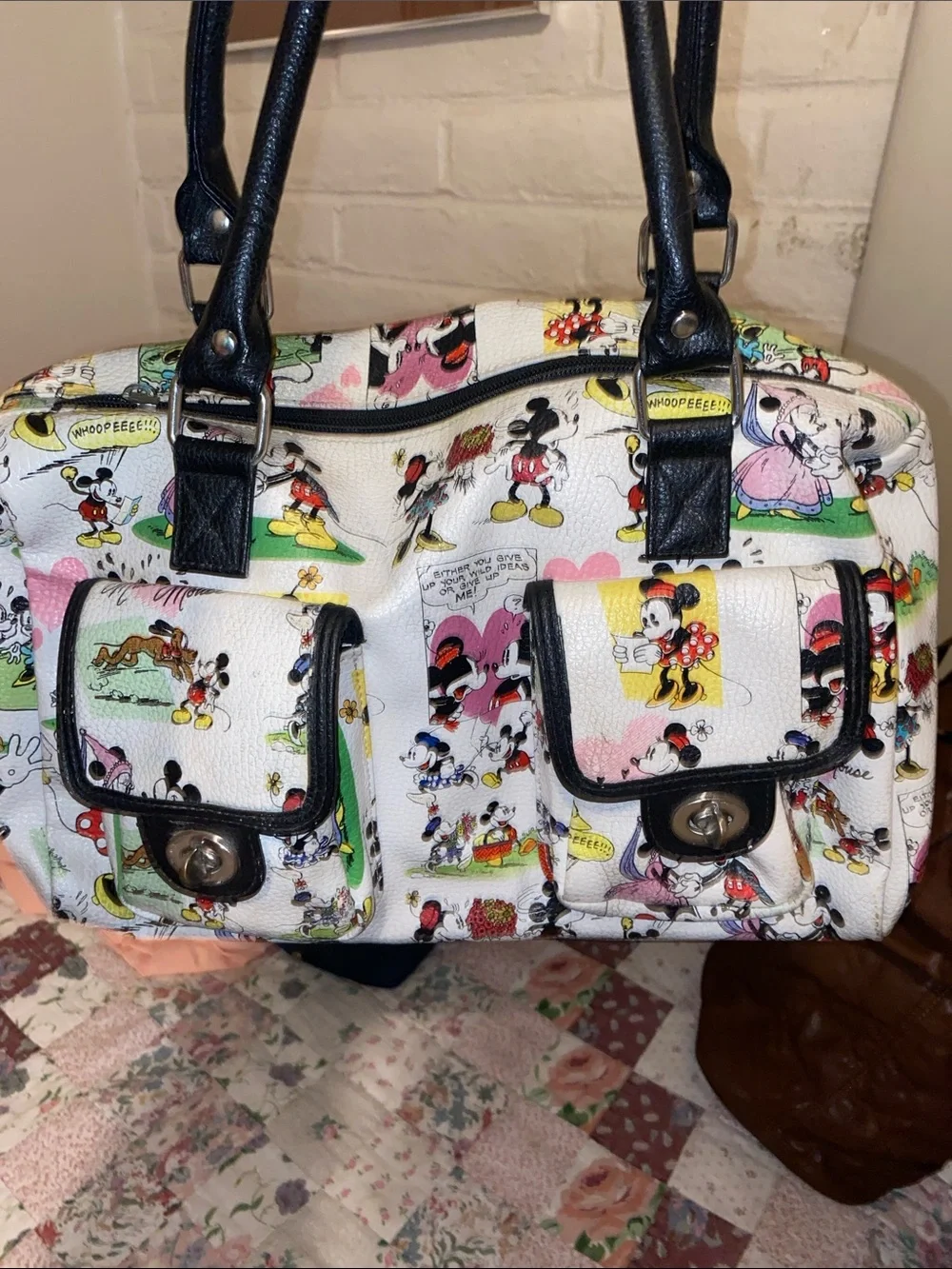 Disney Multicolor Printed White Satchel with Black Trim